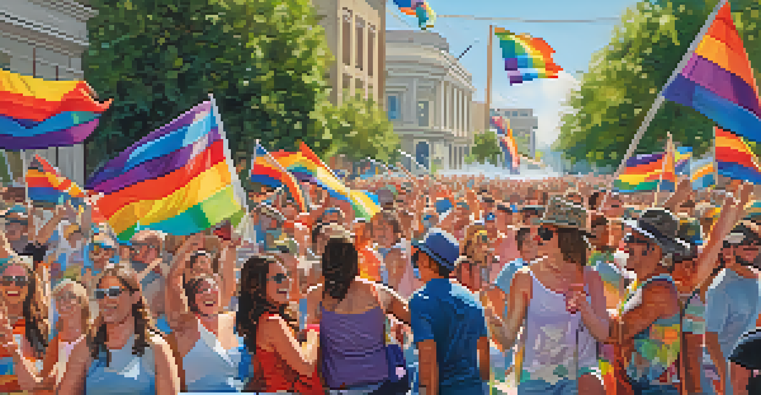 A colorful pride parade with participants in bright costumes and rainbow flags, celebrating diversity and inclusion.
