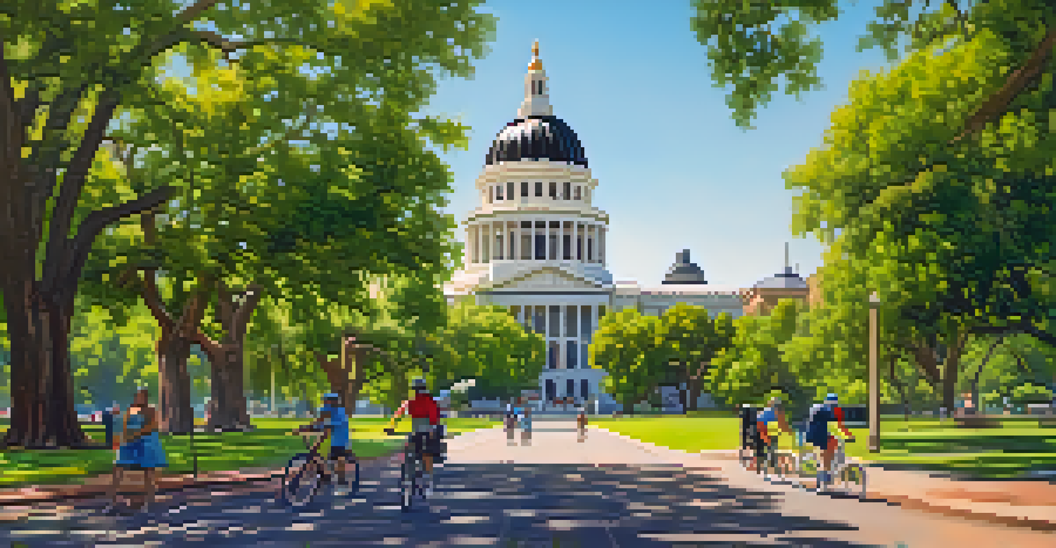A contemporary view of Sacramento's California State Capitol, surrounded by parks and vibrant city life, highlighting the blend of history and modernity.