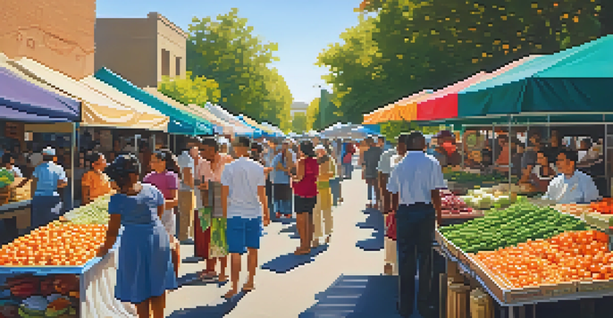 A lively street market in Sacramento with diverse food stalls, colorful banners, and people of various ethnic backgrounds engaging in conversation under soft sunlight.