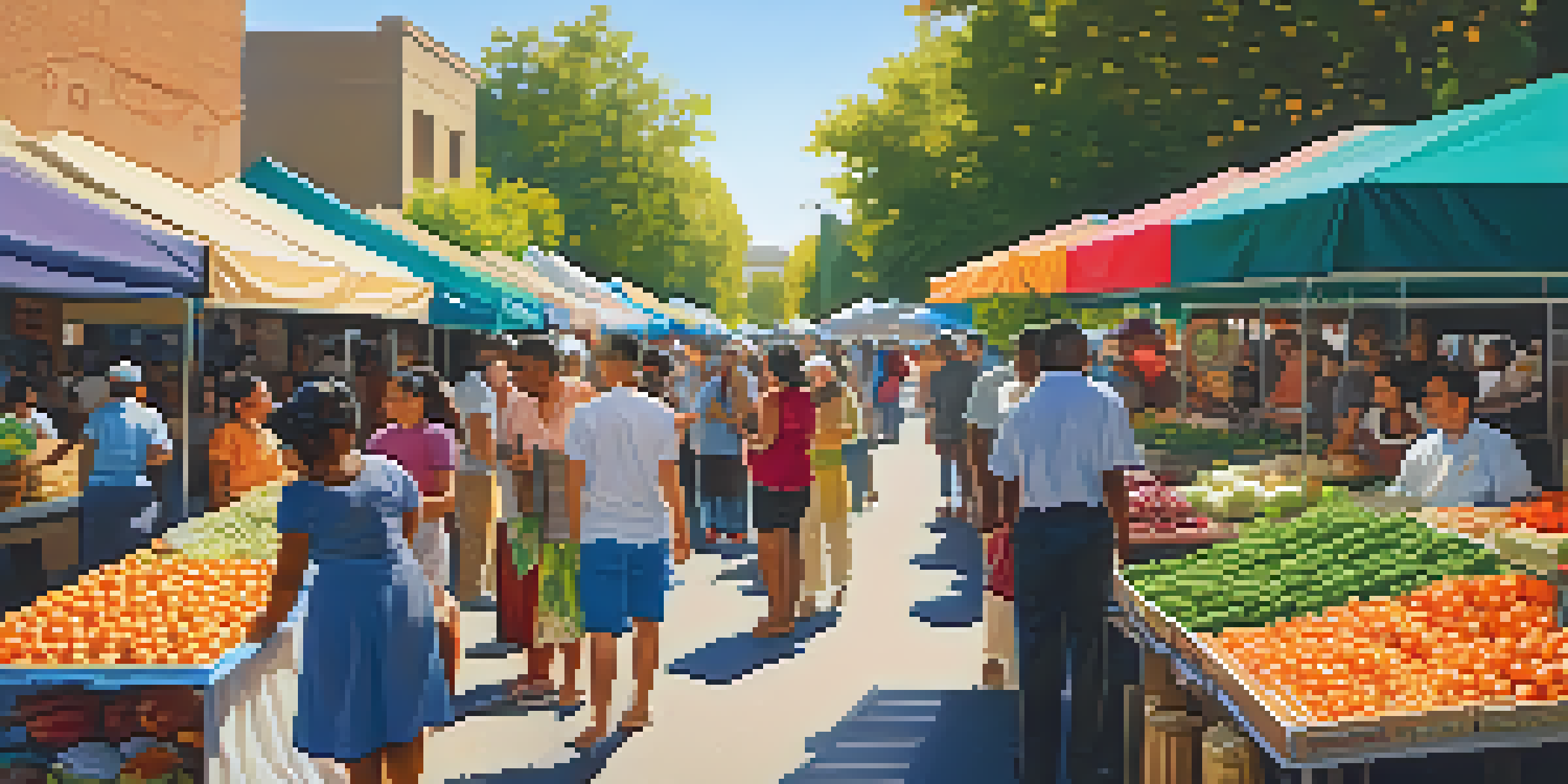 A lively street market in Sacramento with diverse food stalls, colorful banners, and people of various ethnic backgrounds engaging in conversation under soft sunlight.