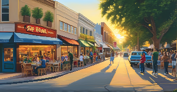 A lively street in Sacramento filled with small local businesses, outdoor dining, and people enjoying the warm sunset light.