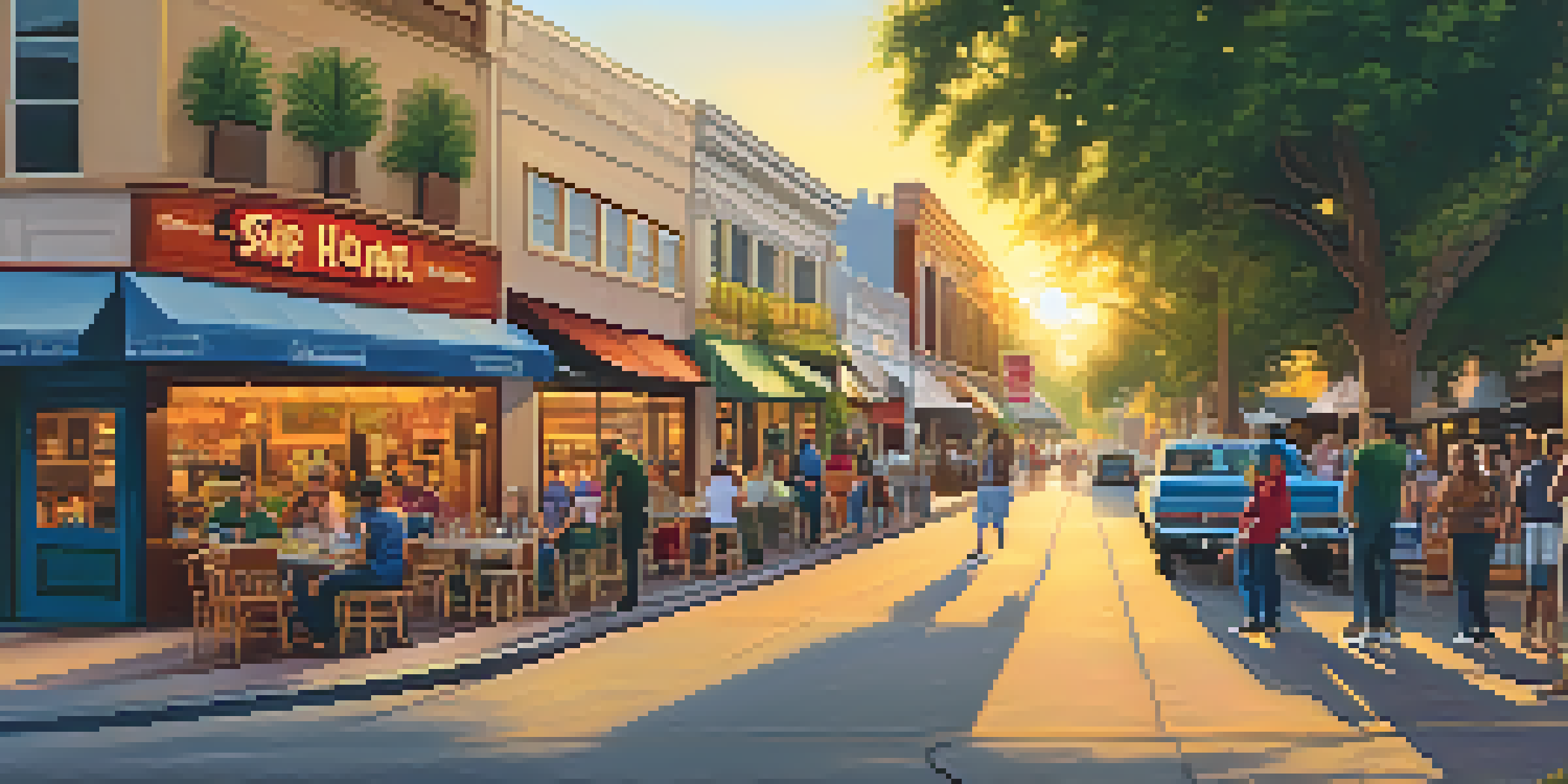 A lively street in Sacramento filled with small local businesses, outdoor dining, and people enjoying the warm sunset light.