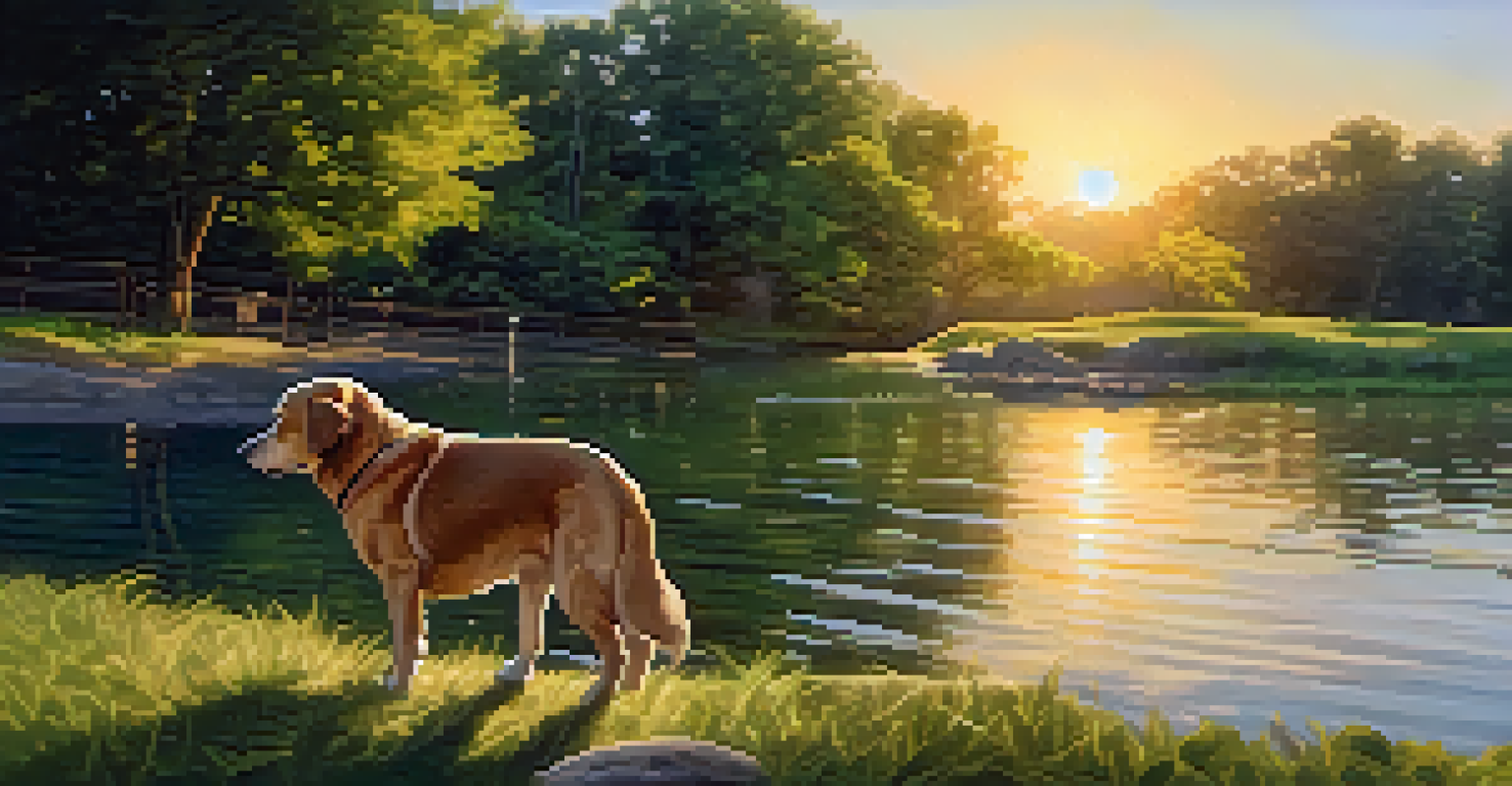 A tranquil riverside dog park with dogs playing in the water as the sun sets, creating a warm, golden glow.