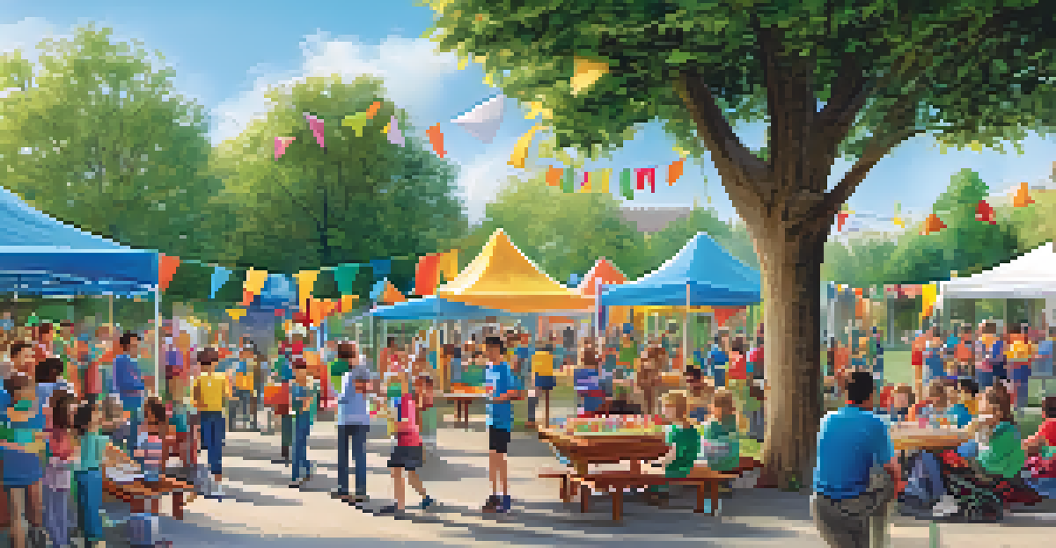 A community event with children with disabilities playing games and parents engaging, set in a vibrant outdoor park.