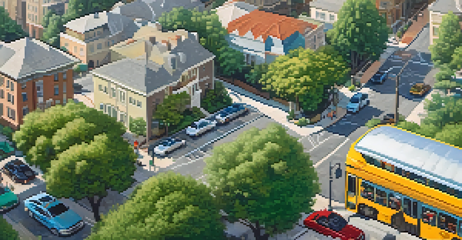 An aerial view of a Sacramento neighborhood showing ride-sharing vehicles, public transit, and a vibrant urban environment.