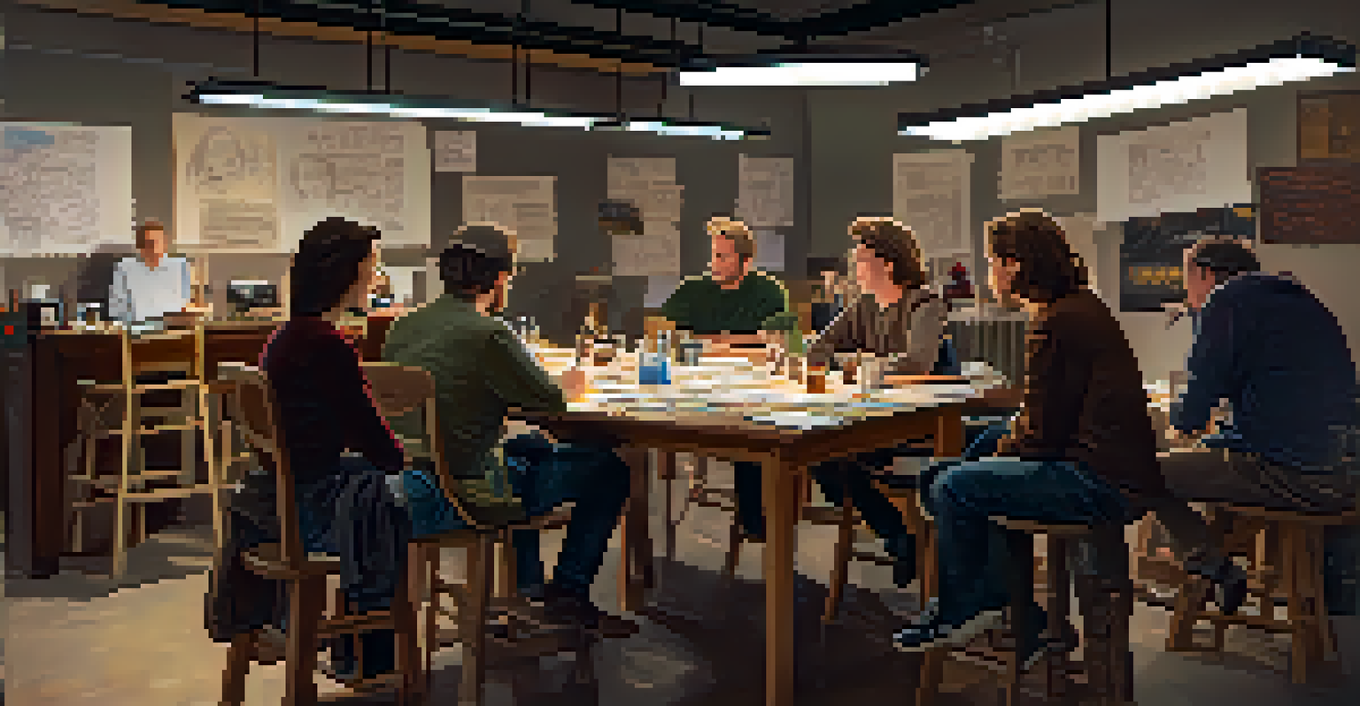 A workshop scene with aspiring filmmakers discussing with an experienced filmmaker in a room filled with film equipment and notes, illuminated by soft lighting.