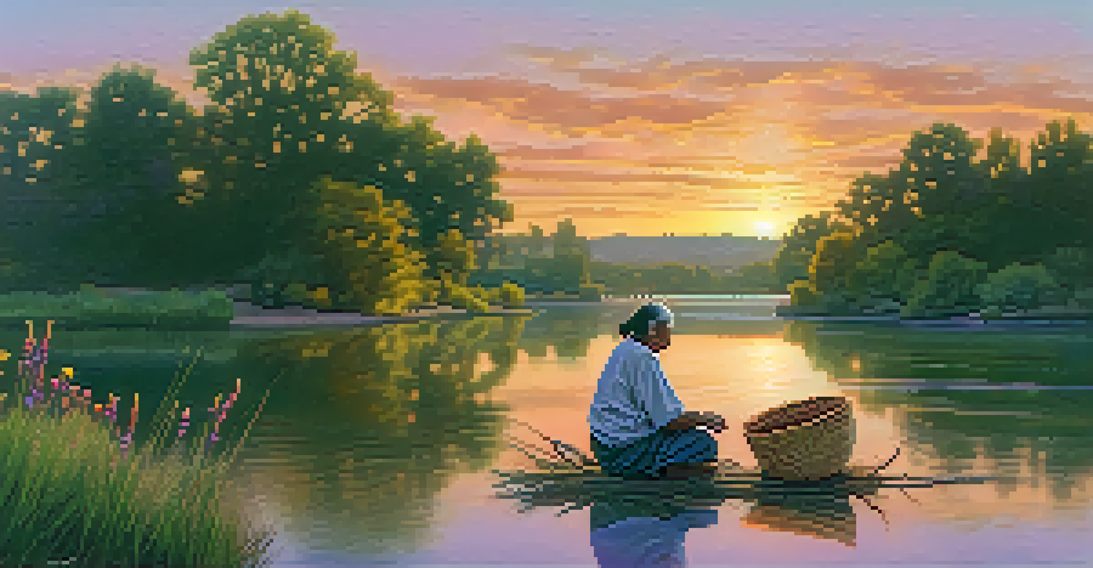 A Native American elder weaving a basket by the Sacramento River at sunset, surrounded by beautiful natural scenery.