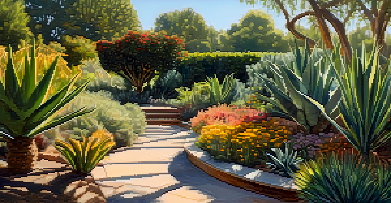 A close-up view of drought-resistant plants in the Mediterranean section of Sacramento's botanic gardens, showing detailed textures and colors.