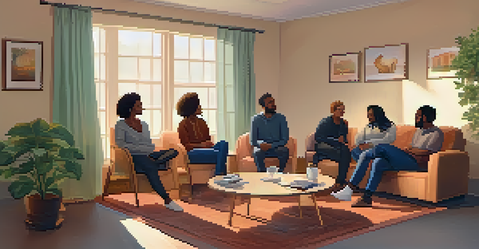 A cozy room setting for a mental health support group meeting, featuring a diverse group of individuals sitting in a circle, sharing experiences.