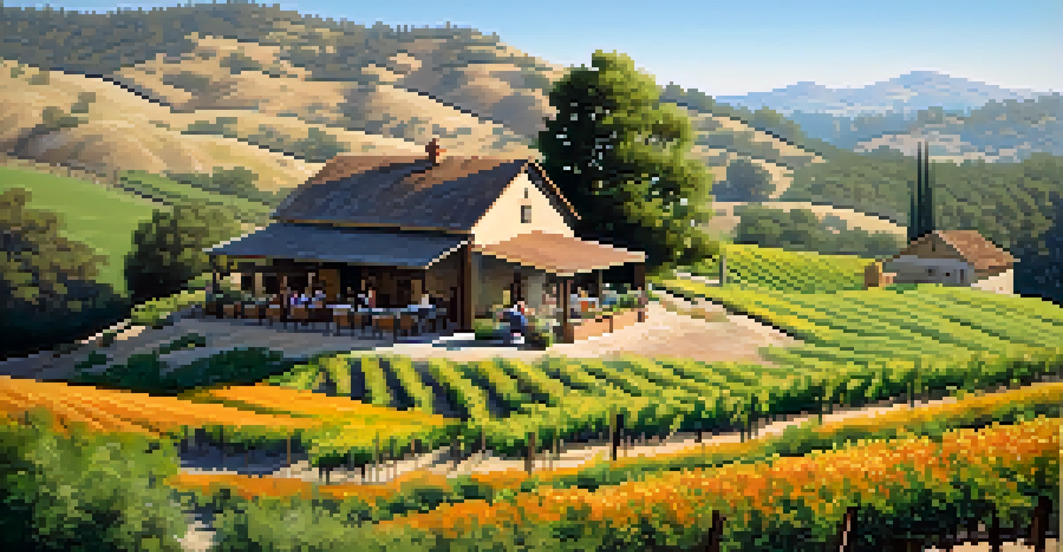 A picturesque view of the Sierra Nevada Foothills with wildflowers and a winery.