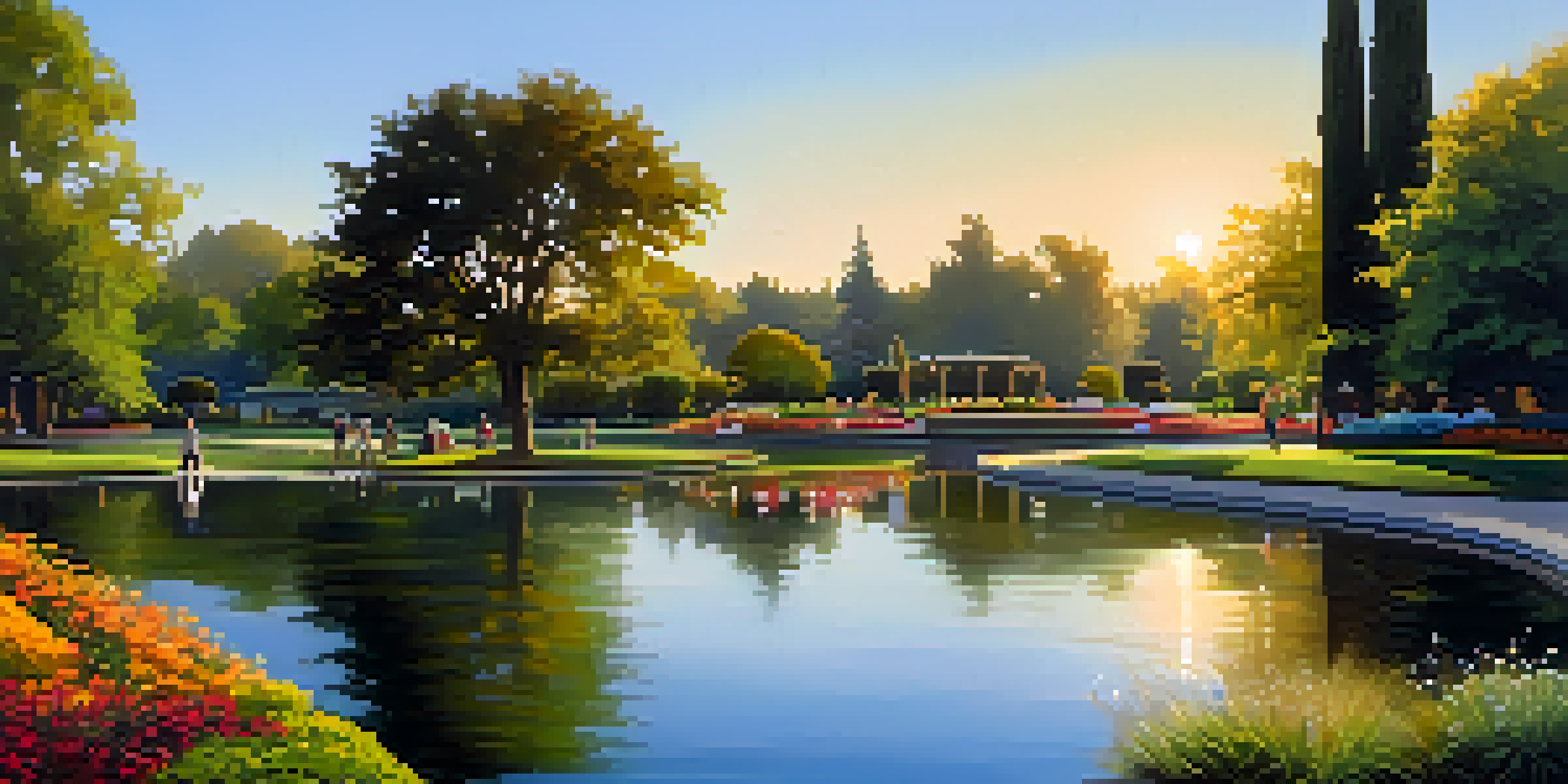 A picturesque park scene with a lake, surrounded by green trees and colorful flowers, during sunset.