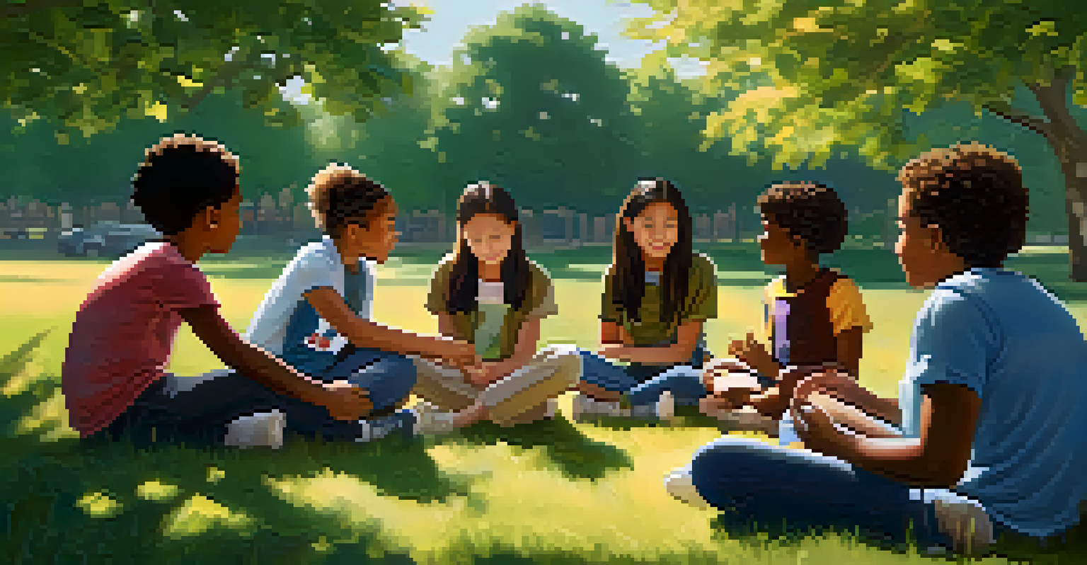 A diverse group of students sitting in a circle on a grassy field, engaging in a social-emotional learning activity under the shade of trees.