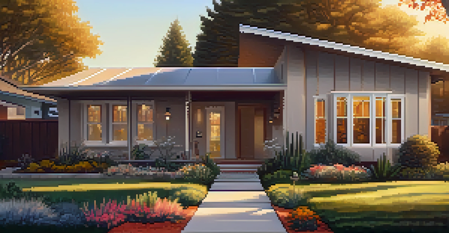 A modern house in Sacramento at sunset, with a 'For Sale' sign and a beautifully landscaped yard.