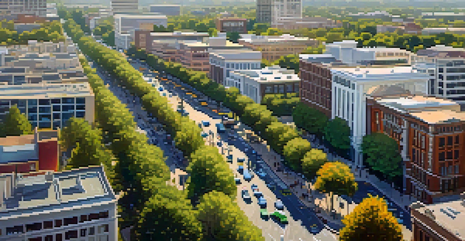 An aerial view of Sacramento showcasing bike lanes with e-scooters and bicycles, surrounded by parks and modern buildings in a sunny environment.