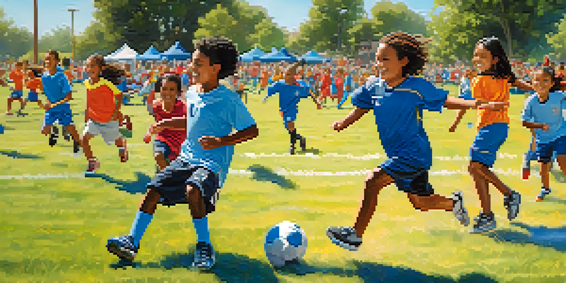 Children of diverse backgrounds playing soccer in a park, with parents cheering in the background and a bright blue sky.