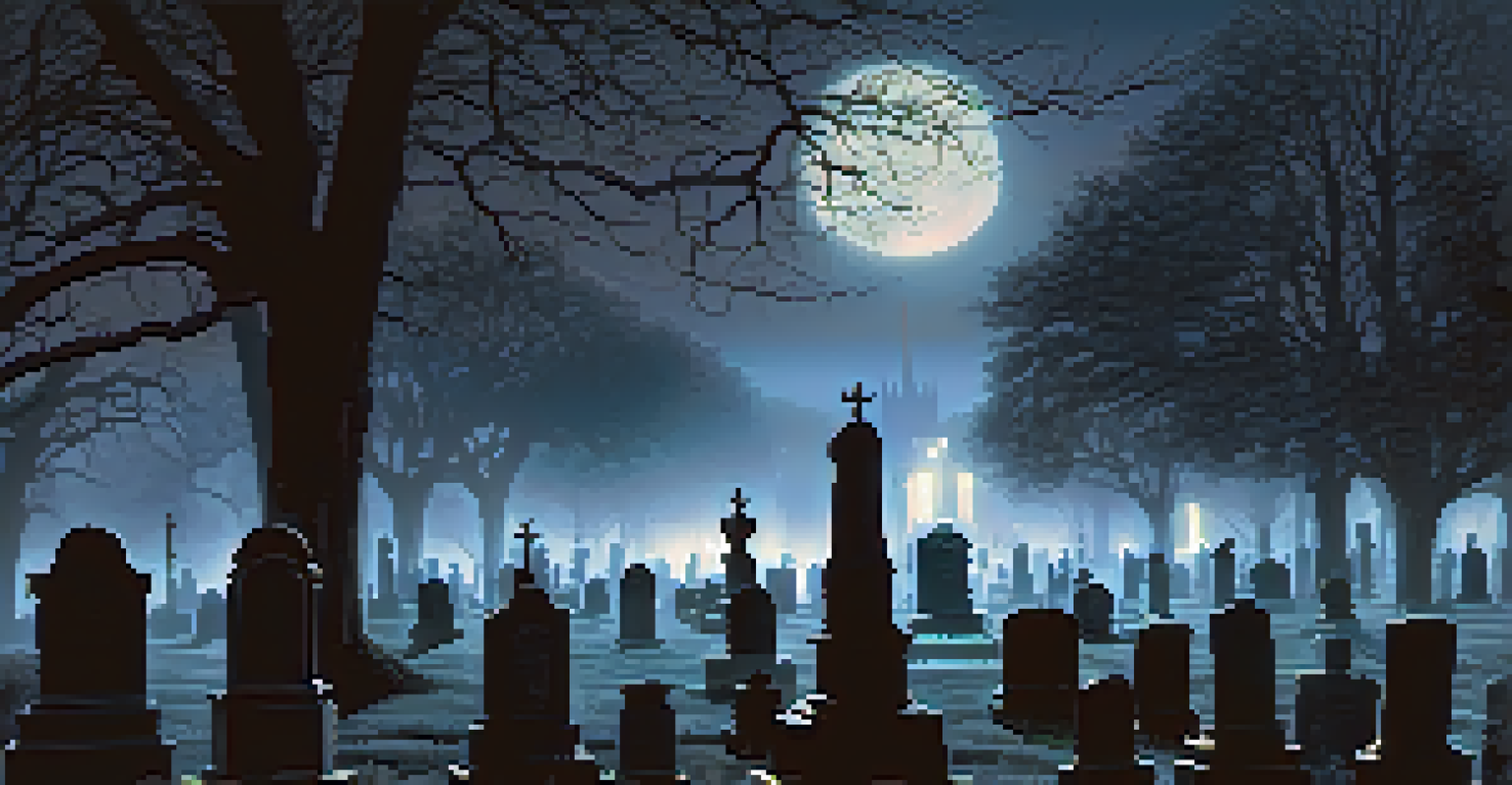 A ghostly figure in Victorian attire walking among illuminated gravestones at night with a foggy ambiance.