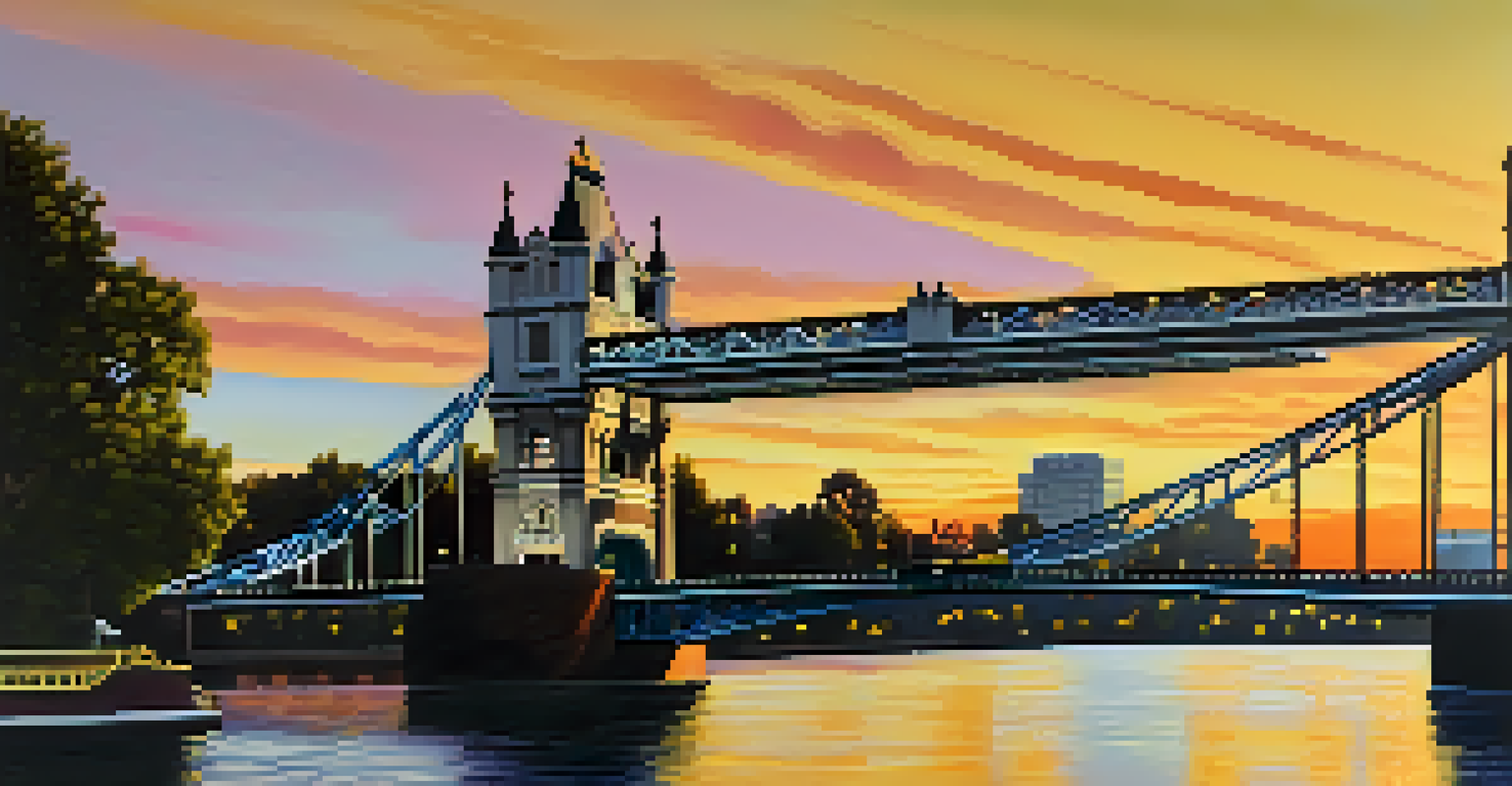A sunset view of the Tower Bridge with its yellow design against a colorful sky and reflections on the river.