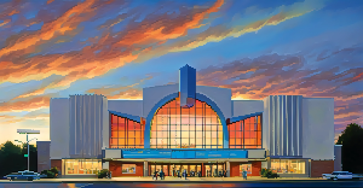 Exterior view of Sacramento Community Center Theater at sunset with people entering.
