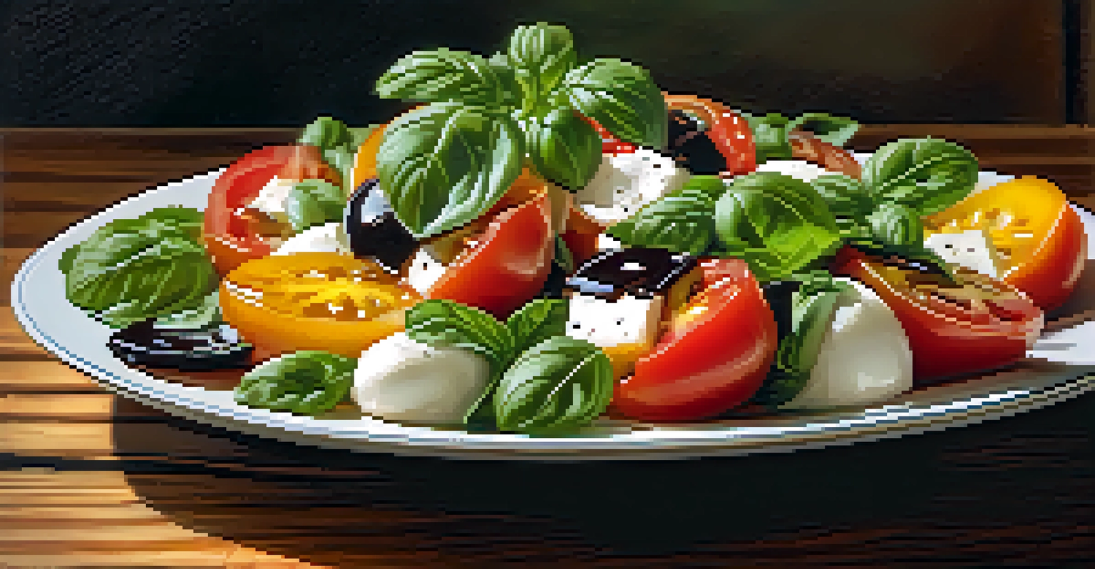 A beautifully presented seasonal salad with heirloom tomatoes, fresh basil, and mozzarella on a rustic wooden table.