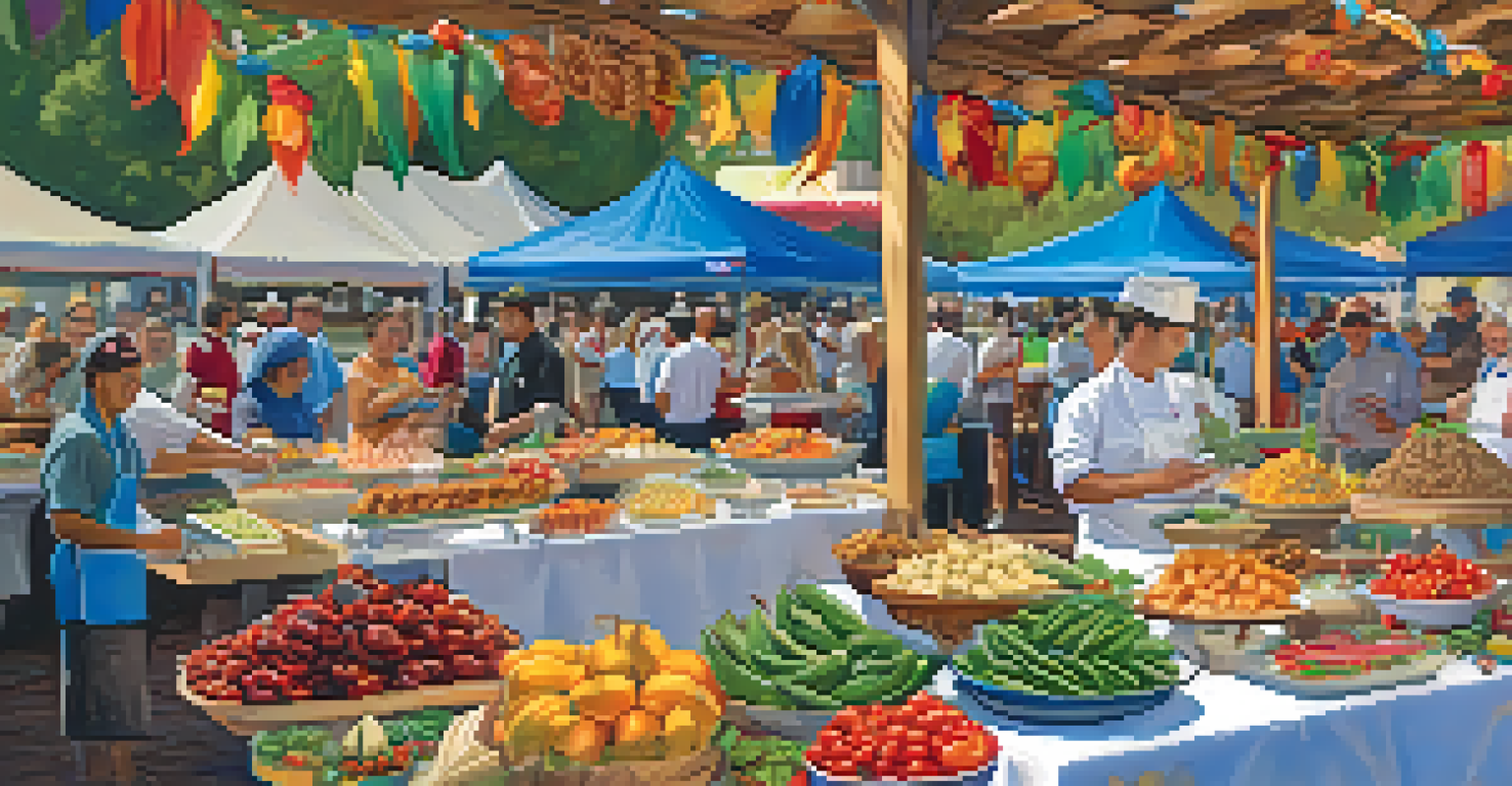 A festive cultural celebration at a fair, with traditional foods displayed and visitors enjoying performances.