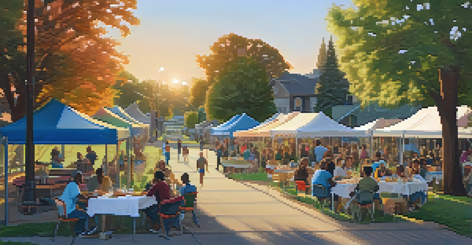 A Sacramento neighborhood park filled with residents sharing resources after a disaster, with tables of food and supplies, and warm golden hour lighting.