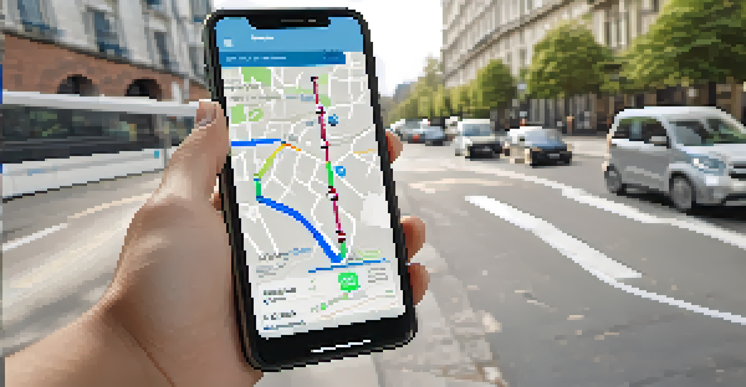 A close-up view of a smartphone showing a smart public transport app with real-time bus tracking. The background features a city street, emphasizing the app's user-friendly design.