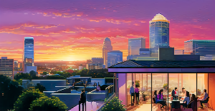 A panoramic view of Sacramento's skyline at sunset with professionals networking outdoors.