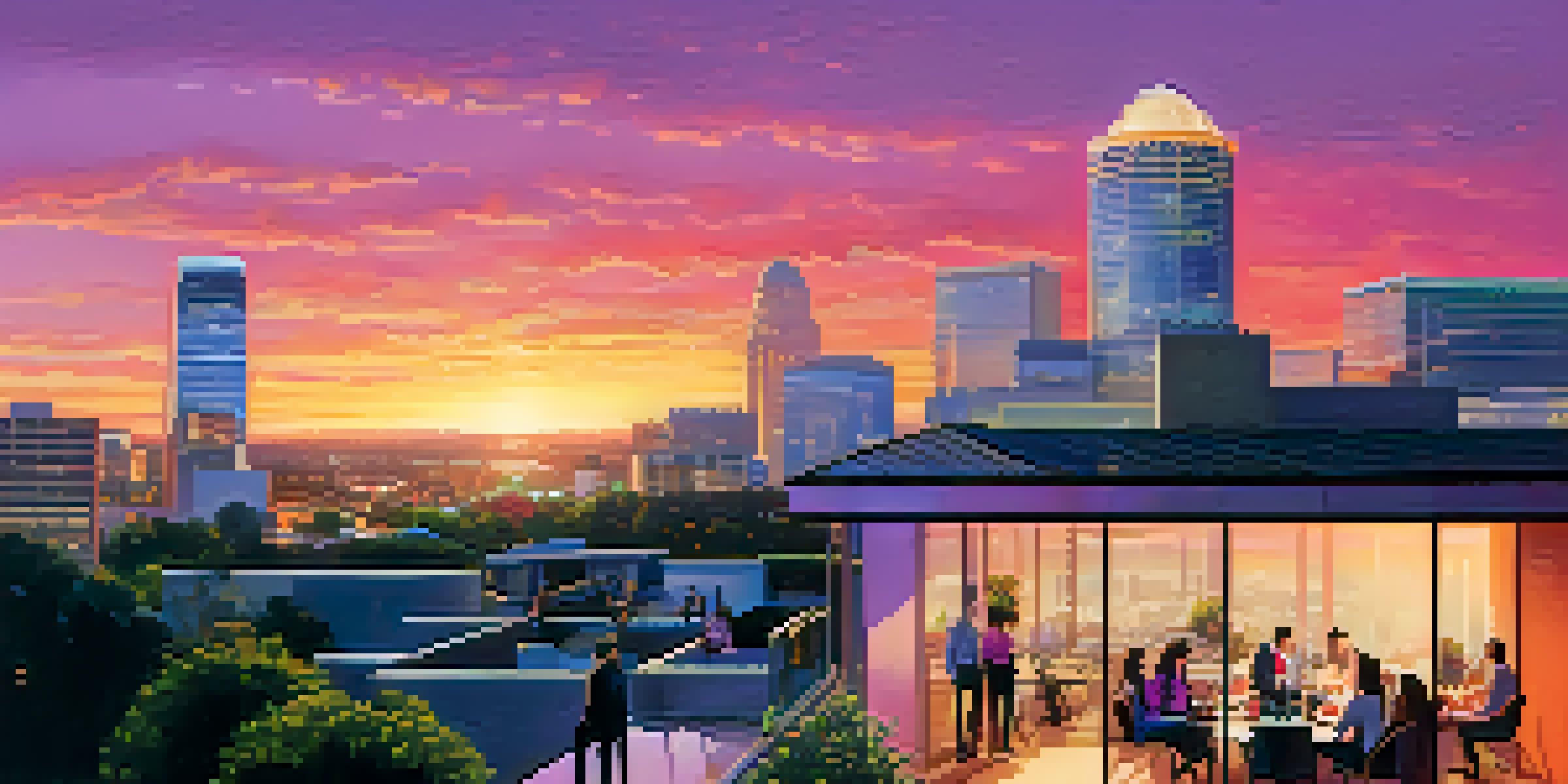 A panoramic view of Sacramento's skyline at sunset with professionals networking outdoors.