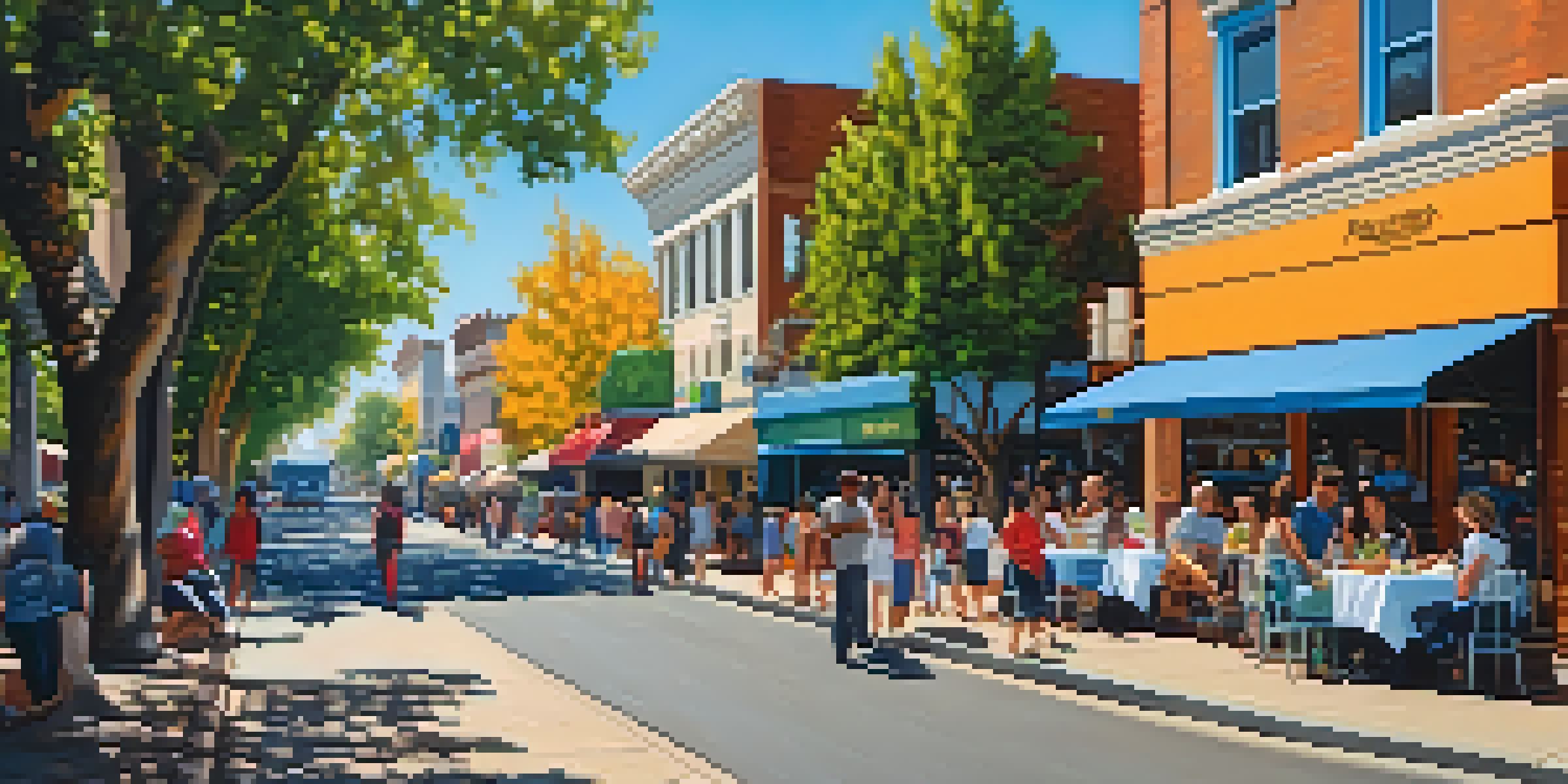 A lively street in Sacramento filled with families and individuals dining outdoors at cafes, surrounded by colorful shops and greenery.
