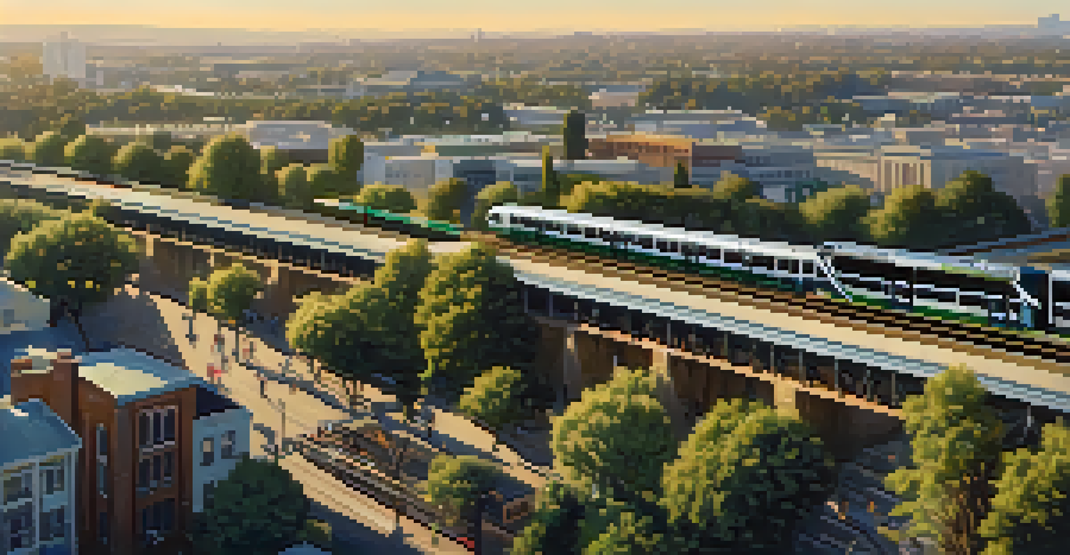 Aerial view of Sacramento featuring the light rail system amidst greenery and city buildings.