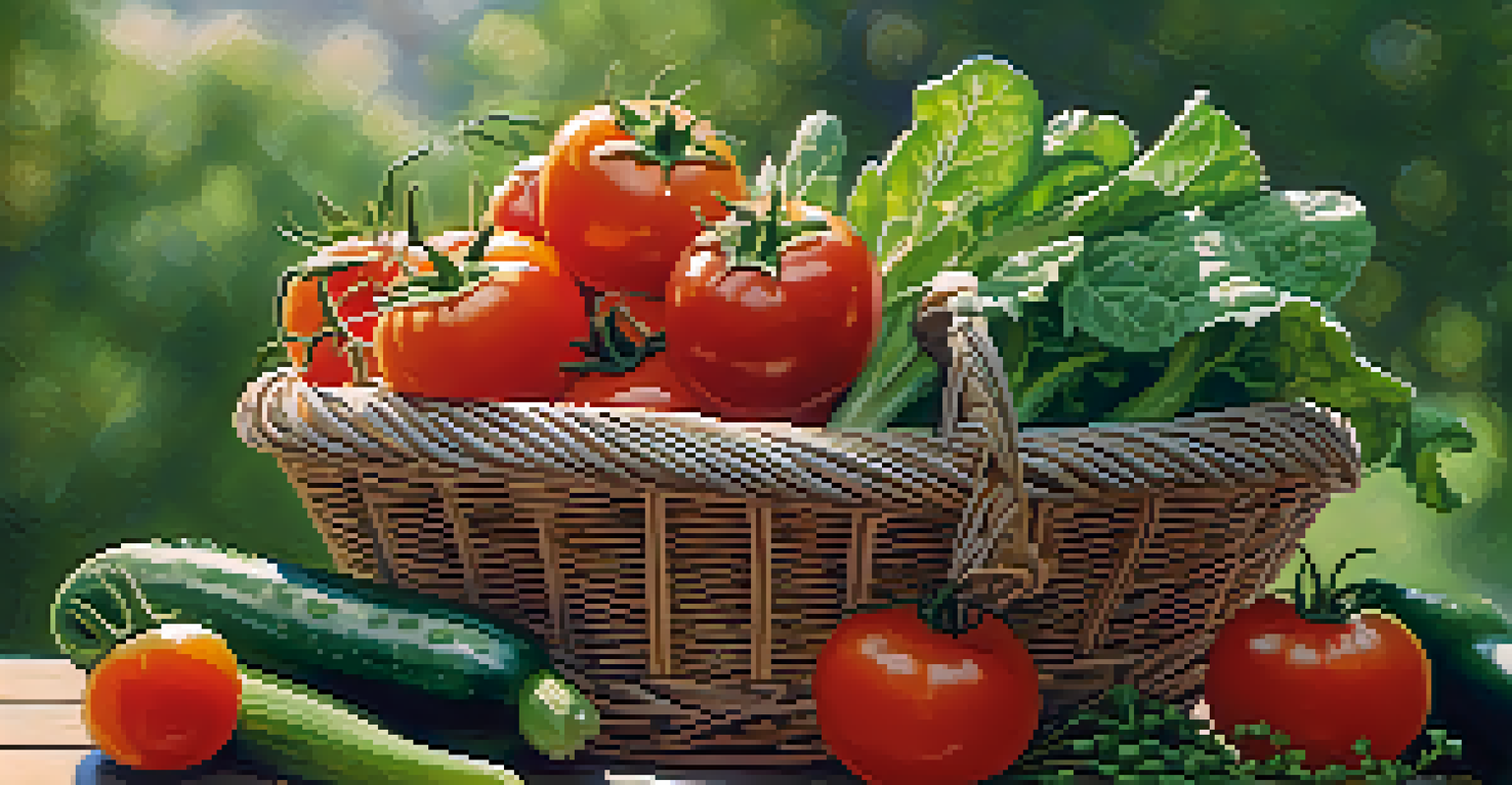 A close-up of a basket overflowing with freshly harvested vegetables from a community garden, surrounded by lush green leaves.