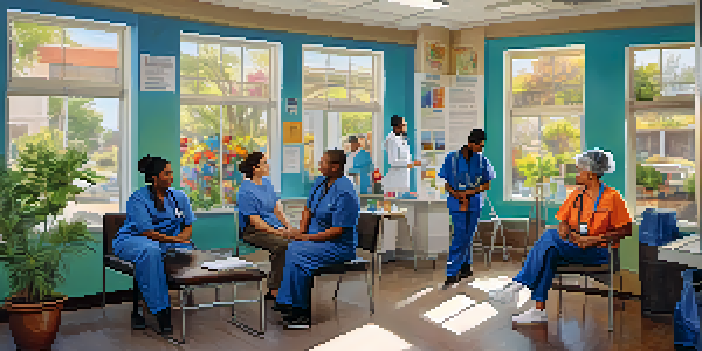 A lively community health clinic in Sacramento with healthcare professionals and patients interacting in a bright, welcoming environment.