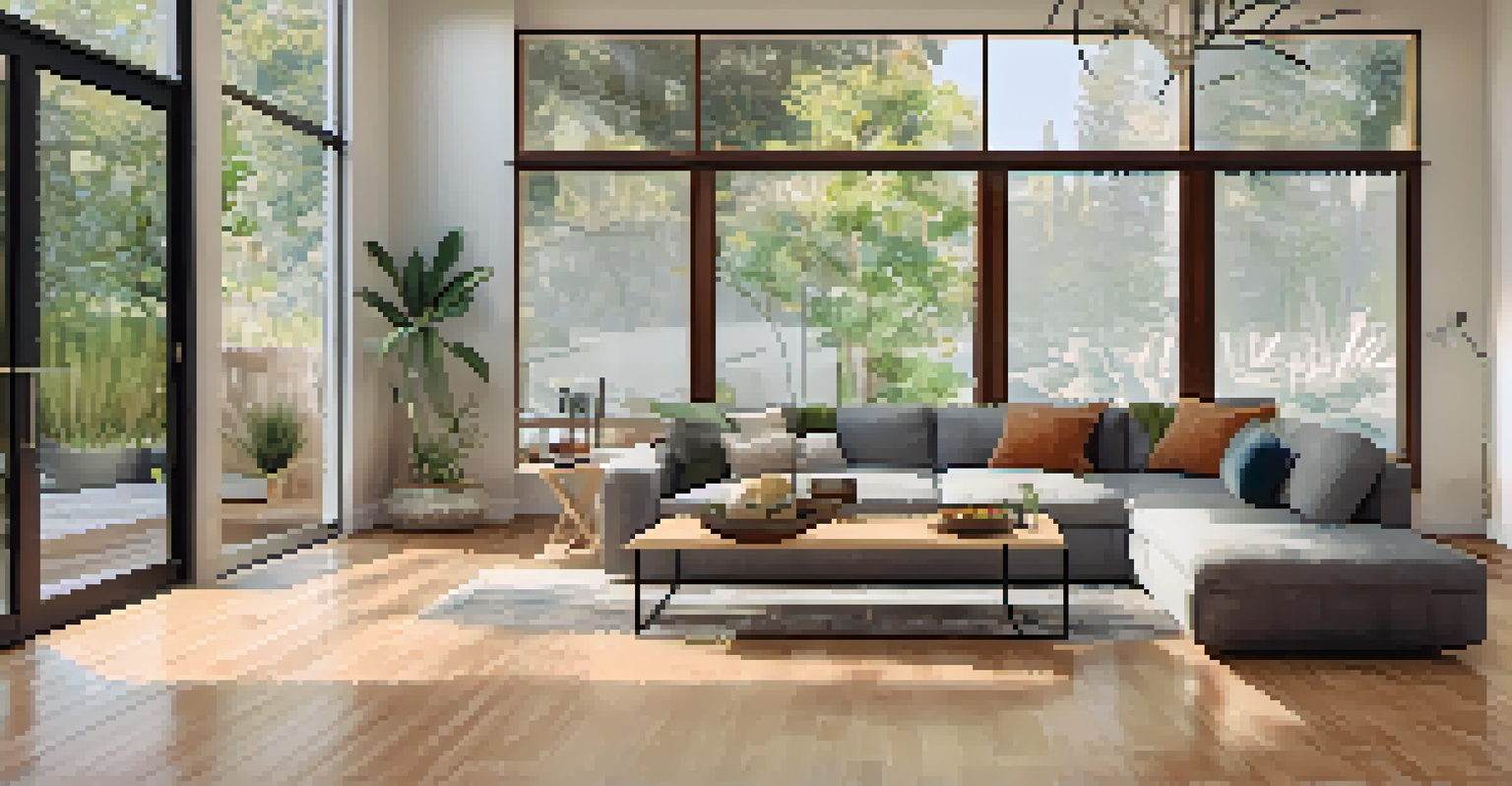 Interior view of a modern eco-friendly home with large windows, bamboo floors, and sustainable decorations.