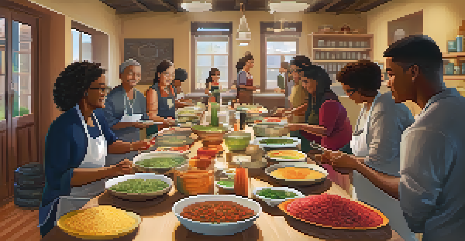 A community center cooking class in Sacramento with diverse participants preparing an international dish, surrounded by ingredients and warm lighting.
