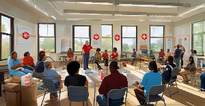A group of diverse residents participating in a disaster preparedness training workshop, practicing first aid in a bright room with safety posters.