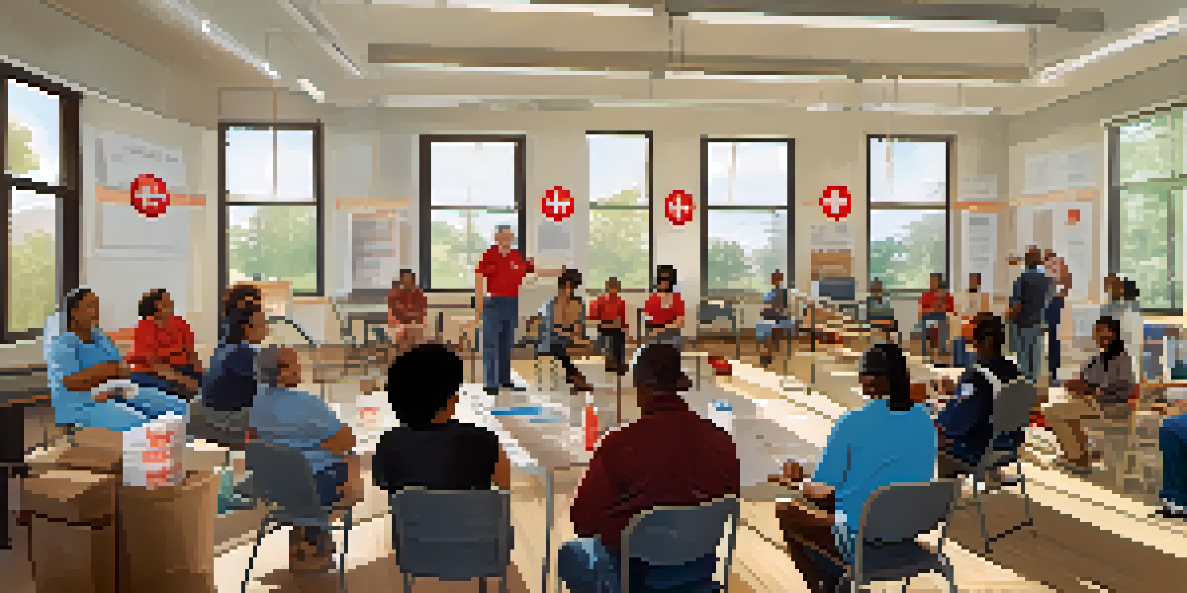 A group of diverse residents participating in a disaster preparedness training workshop, practicing first aid in a bright room with safety posters.