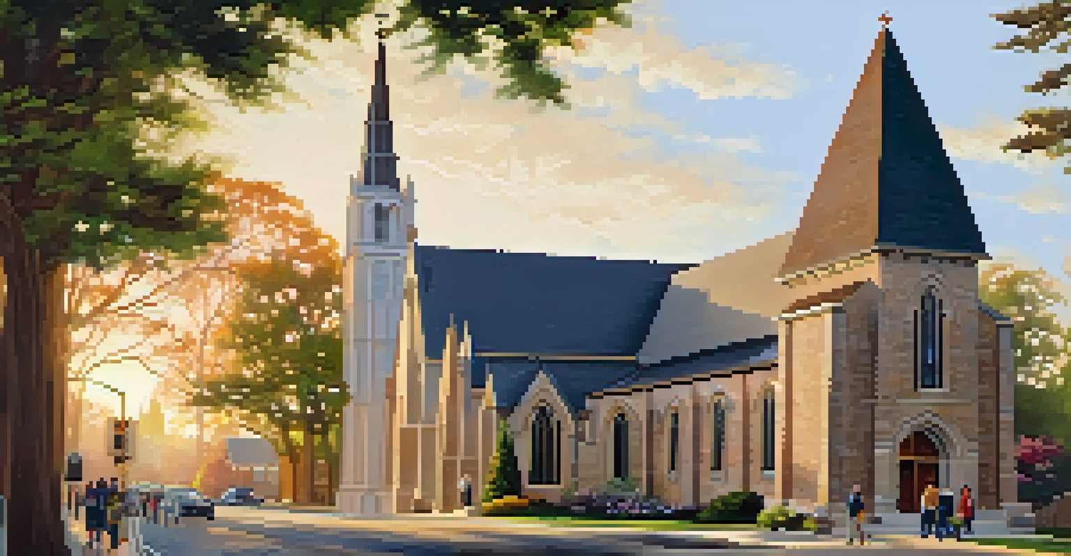 Exterior view of St. Paul's Episcopal Church with Gothic architecture, bathed in golden hour light and featuring a diverse group of people.