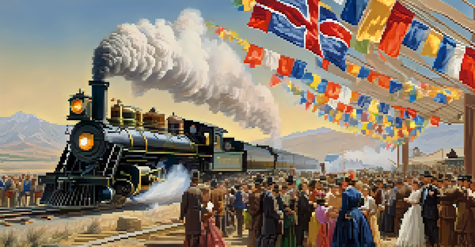 An artistic depiction of the celebration marking the completion of the Transcontinental Railroad, featuring a steam locomotive and diverse spectators.