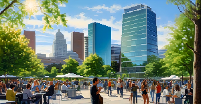 A vibrant Sacramento cityscape with modern tech buildings, green parks, and diverse people collaborating outdoors.