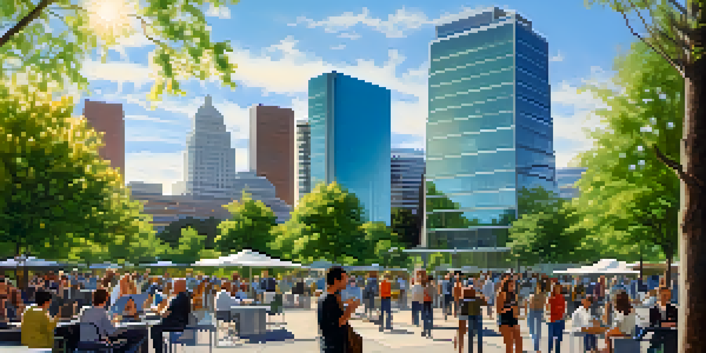 A vibrant Sacramento cityscape with modern tech buildings, green parks, and diverse people collaborating outdoors.