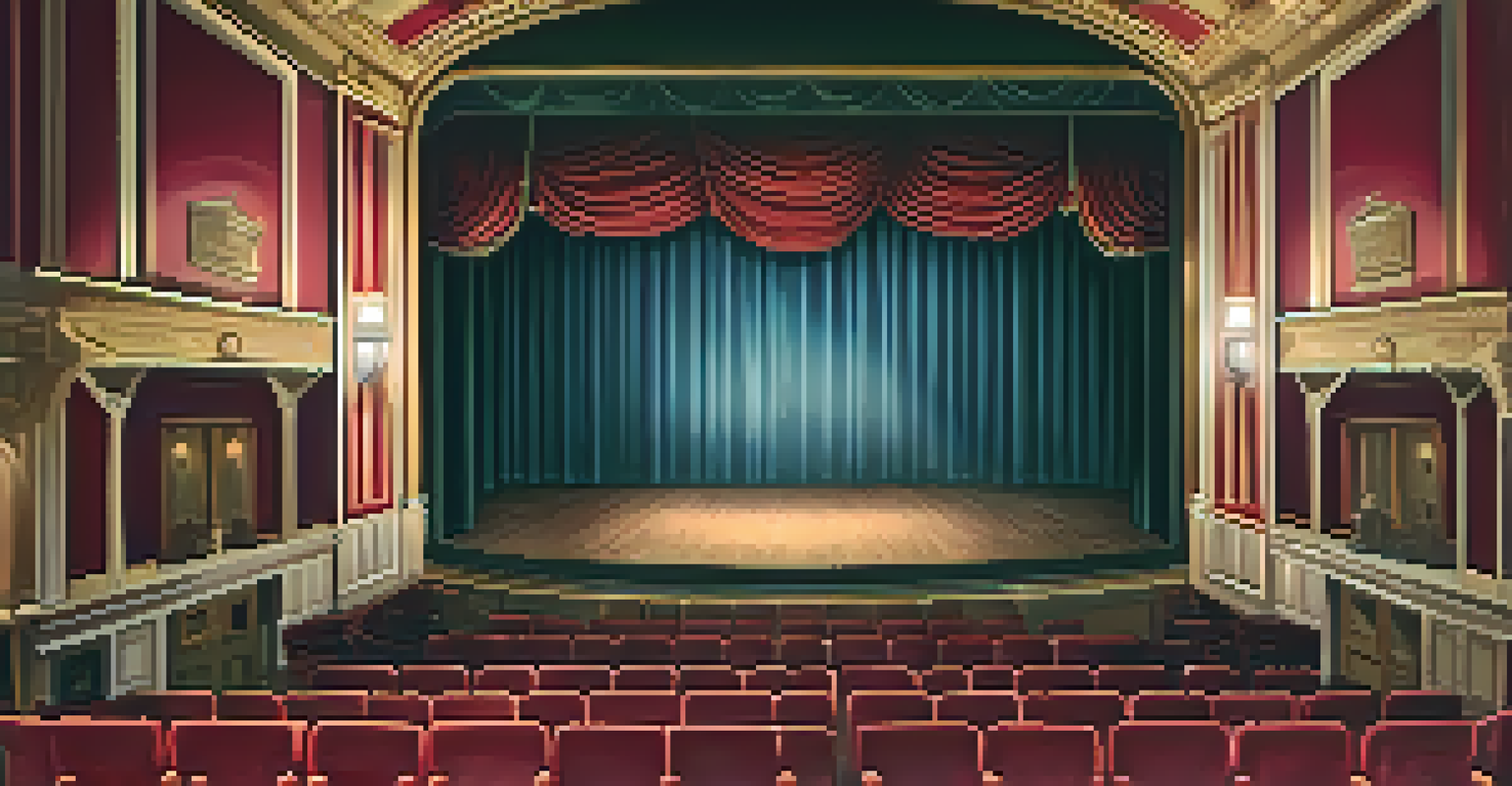 The interior of a vintage theater with red velvet seats and a grand stage, warmly lit, creating a cozy atmosphere.