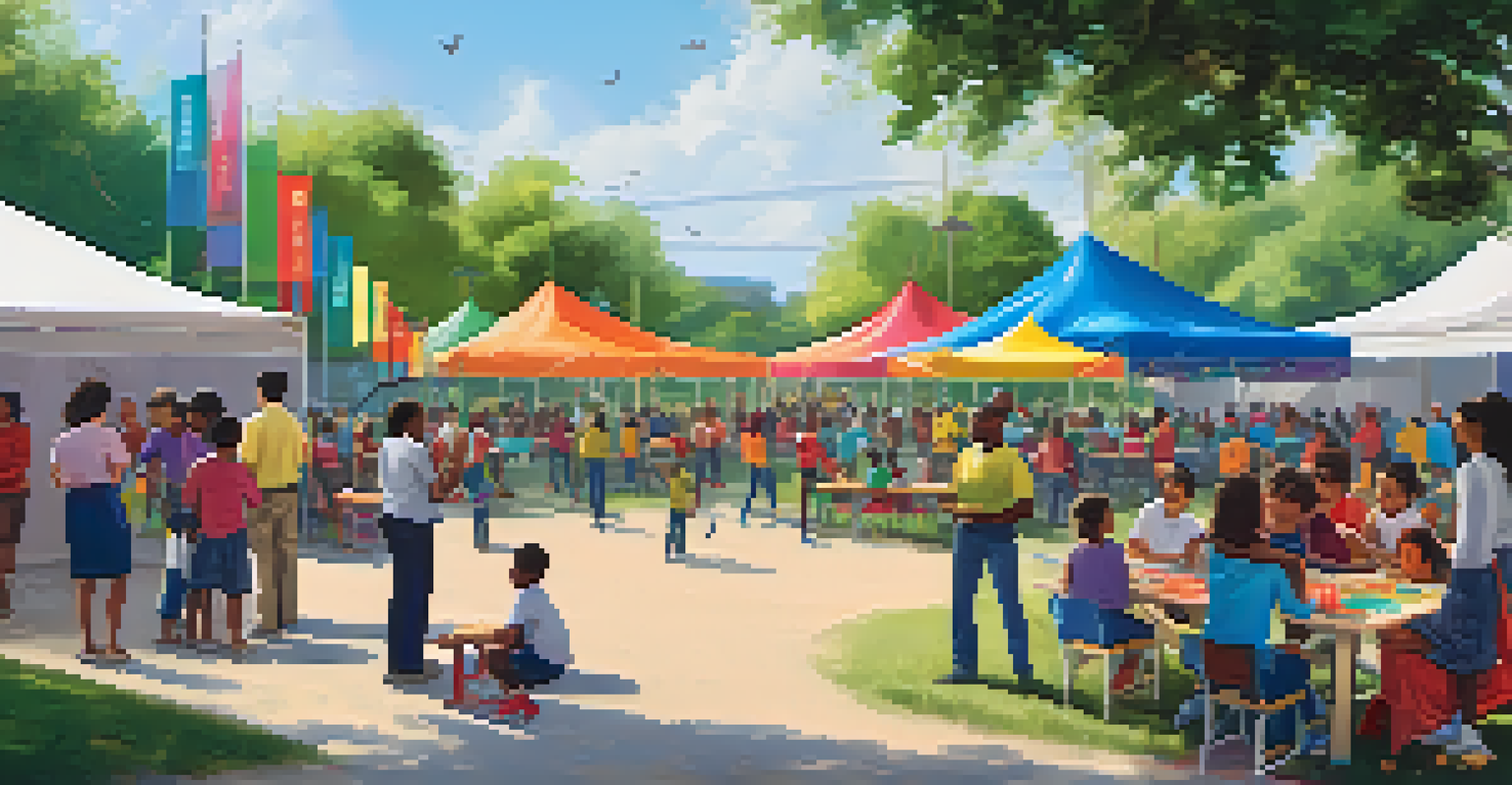 Families and children participating in an outdoor community event at a school, with colorful tents and activities fostering engagement.