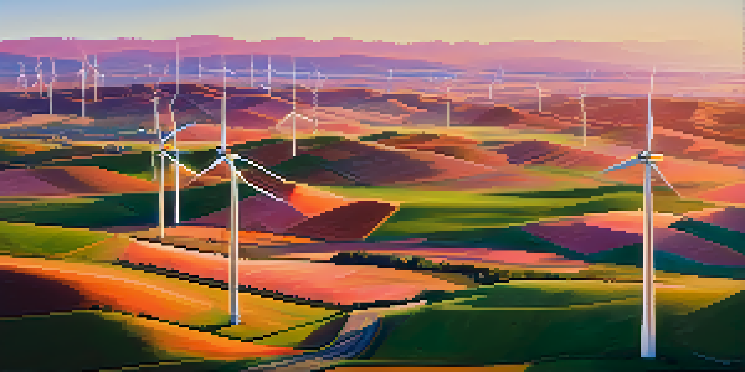 A panoramic view of a modern wind farm in Sacramento with white turbines on rolling hills during sunset.