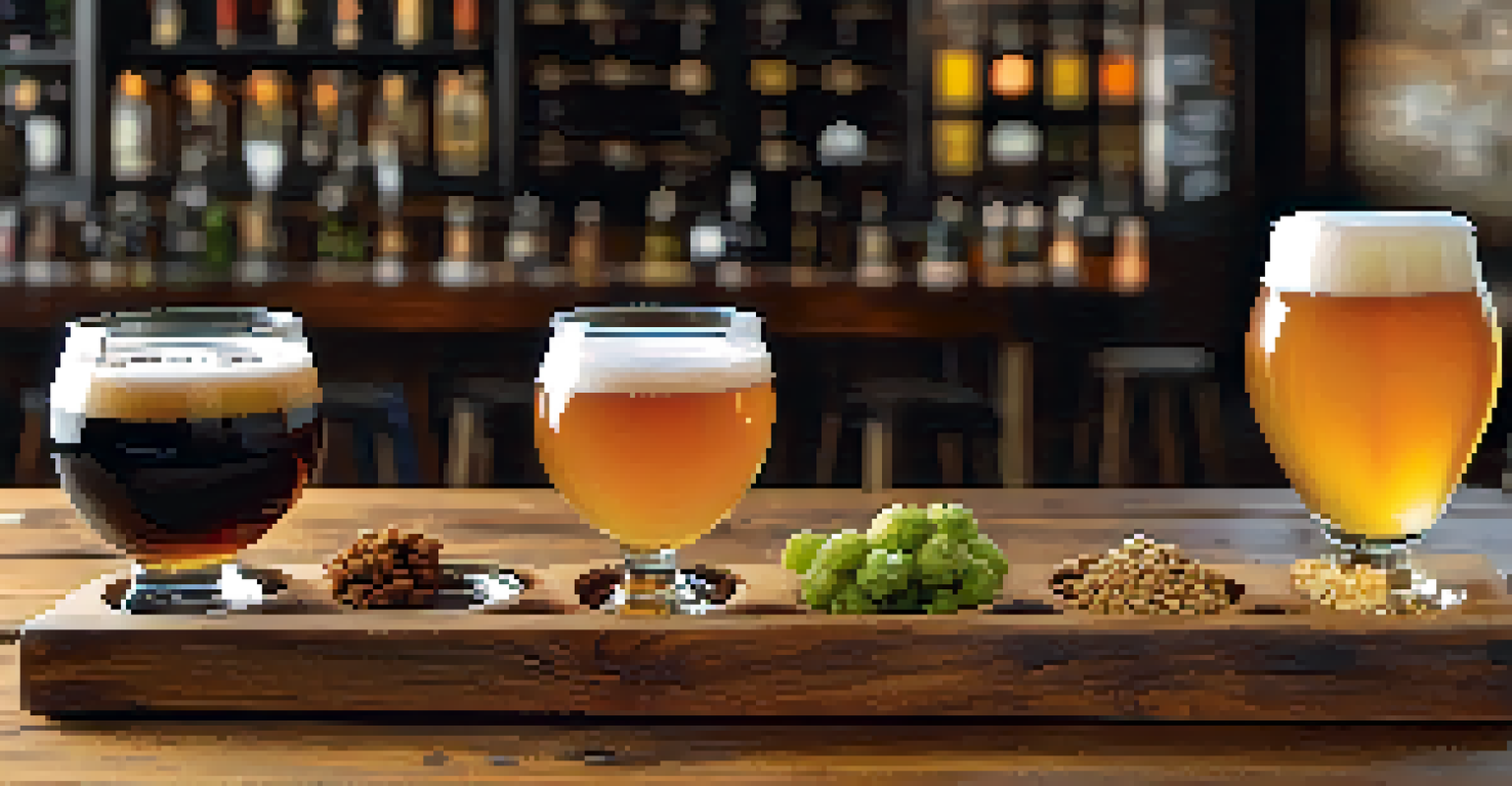 A close-up of a craft beer flight with colorful beers in small glasses on a wooden table, highlighting local ingredients.