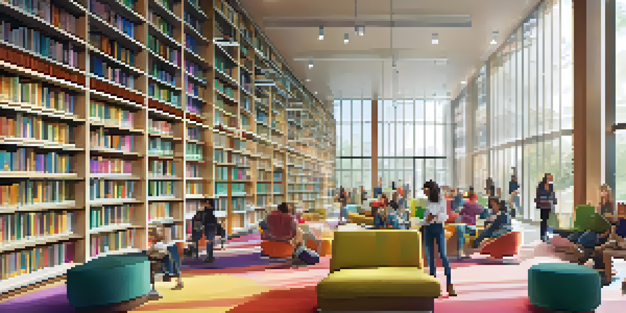 A modern library interior filled with books, cozy reading areas, and diverse people engaged in reading and studying under natural light.