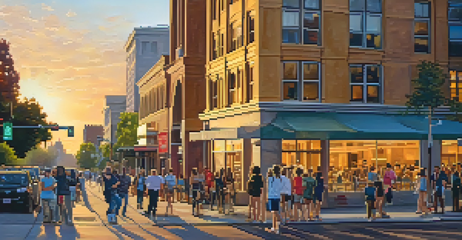 A sunset view of downtown Sacramento with people walking and street performers, showcasing the vibrant city life.