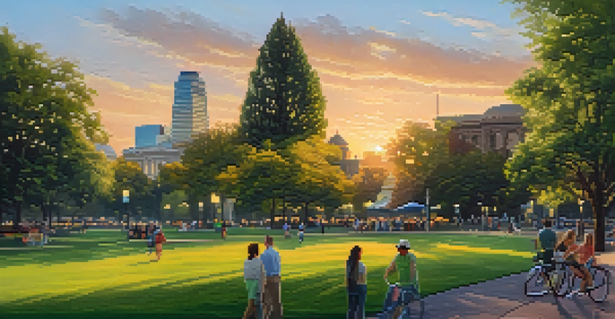 A colorful sunset over Sacramento's cityscape with parks and modern buildings, highlighting the city's landmarks.