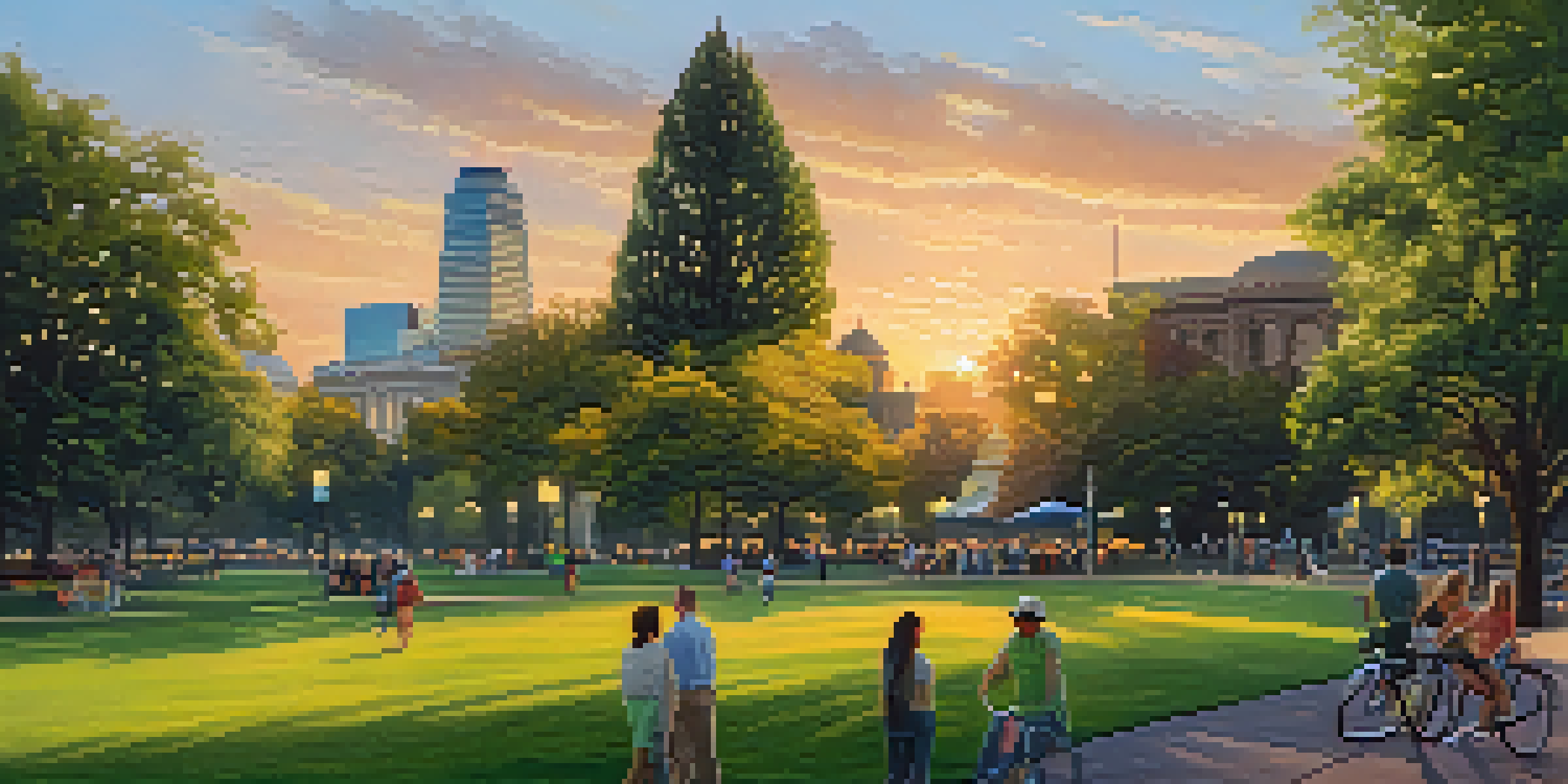 A colorful sunset over Sacramento's cityscape with parks and modern buildings, highlighting the city's landmarks.
