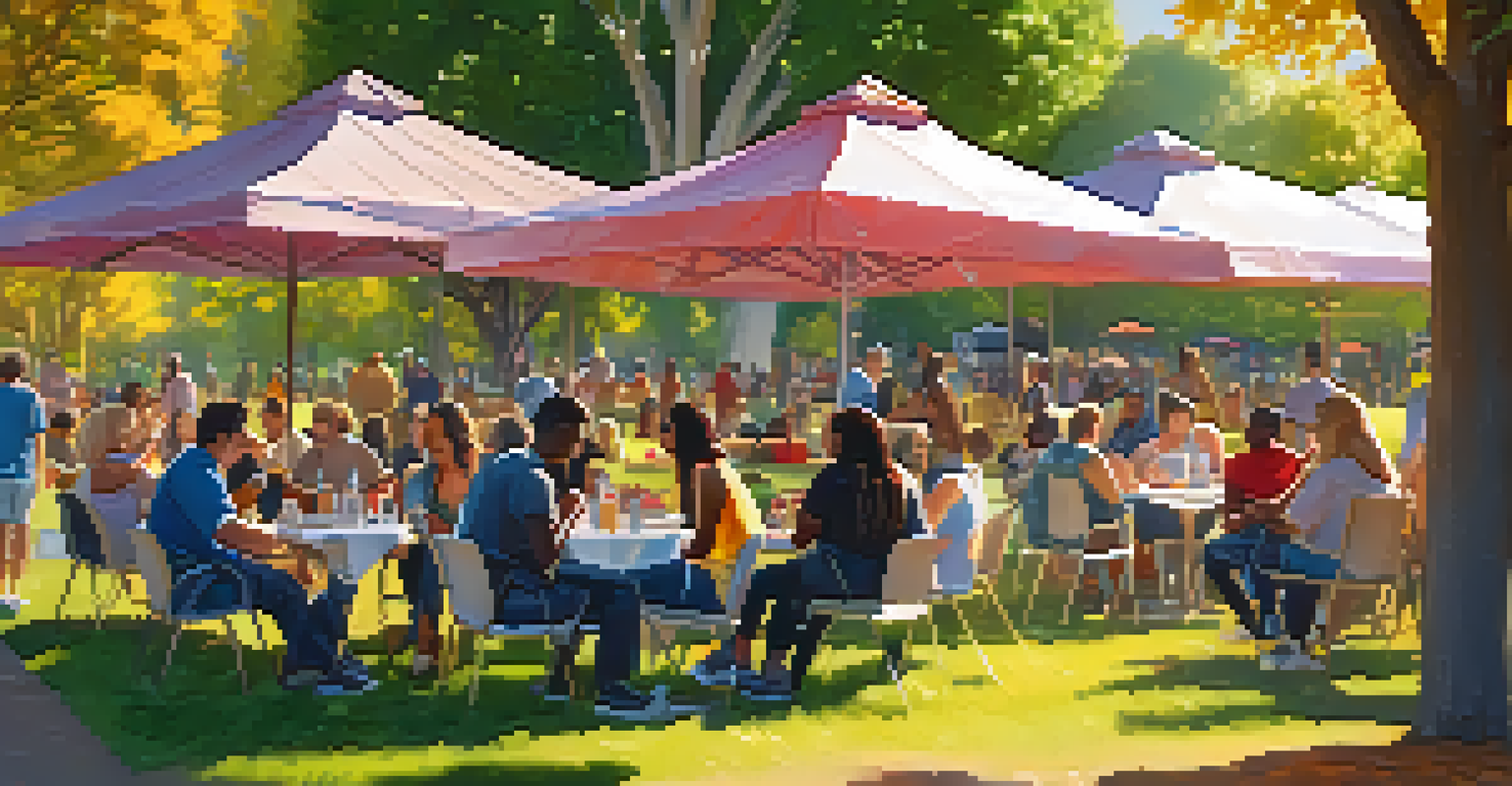An outdoor tech networking event in a park, featuring diverse individuals engaging in conversations and workshops surrounded by nature.