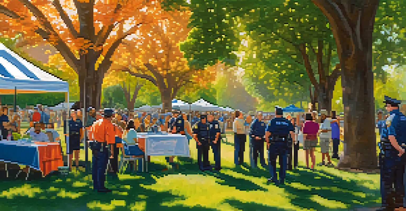 Residents engaging with law enforcement at a community event in a park, surrounded by colorful banners and trees.